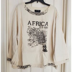 Ashro Africa AD 1590 Map Graphic Long Sleeve Cotton Top Cream Mens‎ Medium